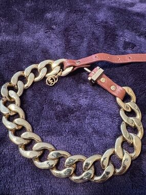 Michael Kors Chunky Gold Chain Bracelet with Brown Leather Strap